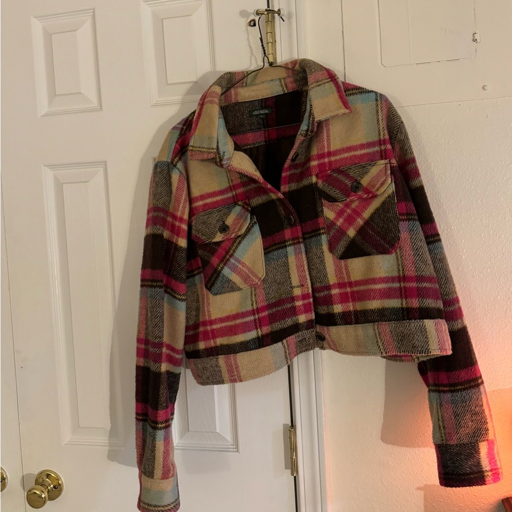 wild fable Cropped Plaid Jacket in Pink, Beige & Brown